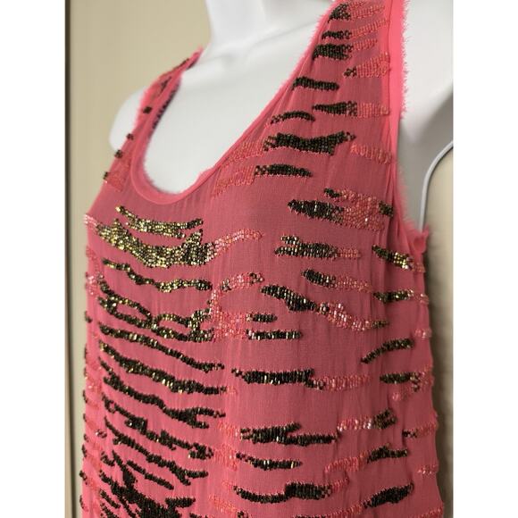 Elie Tahari Silk Beaded Tank Womens M Pink Brown Tiger Stripe Office Career Work - Picture 2 of 13